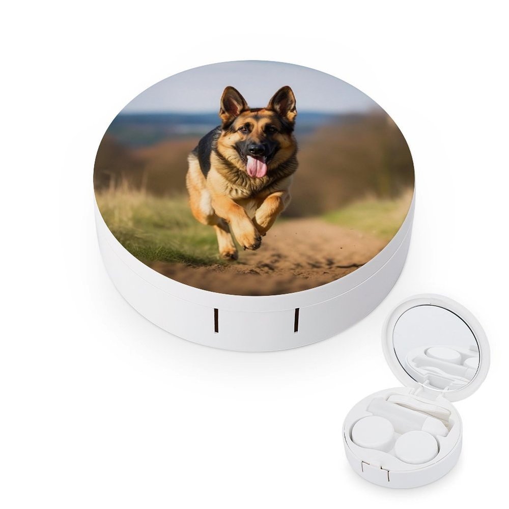 BWQJKUO Portable Round Running German Shepherd Dog Printed Contact Lens Case Is Stylish And Compact, Easy to Carry And Protects Lenses.