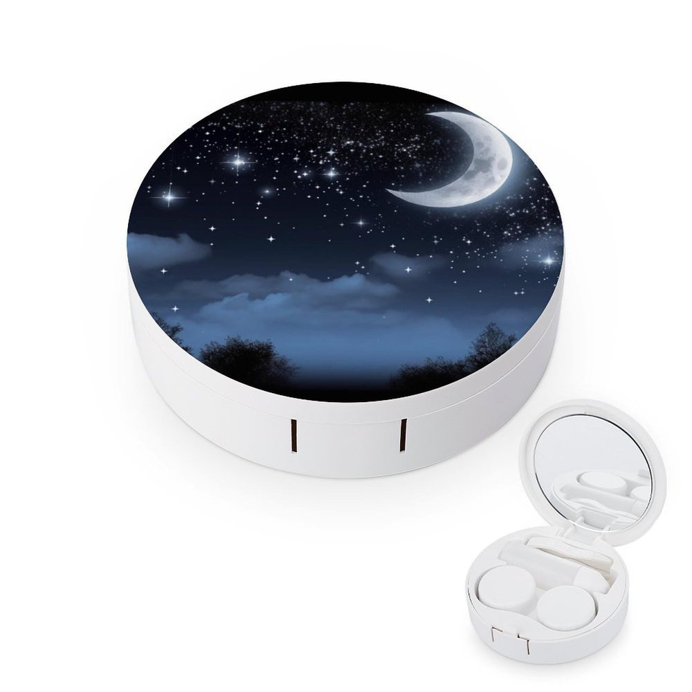 BWQJKUO Portable Round Nightsky Hanging Moon Printed Contact Lens Case Is Stylish And Compact, Easy to Carry And Protects Lenses.