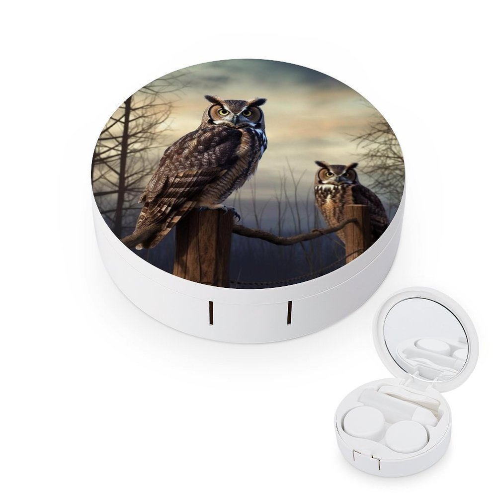 BWQJKUO Portable Round Owl Sitting Tree Fence Printed Contact Lens Case Is Stylish And Compact, Easy to Carry And Protects Lenses.