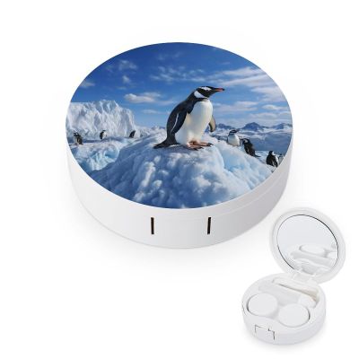BWQJKUO Portable Round Snow Mountain Penguin Printed Contact Lens Case Is Stylish And Compact, Easy to Carry And Protects Lenses.