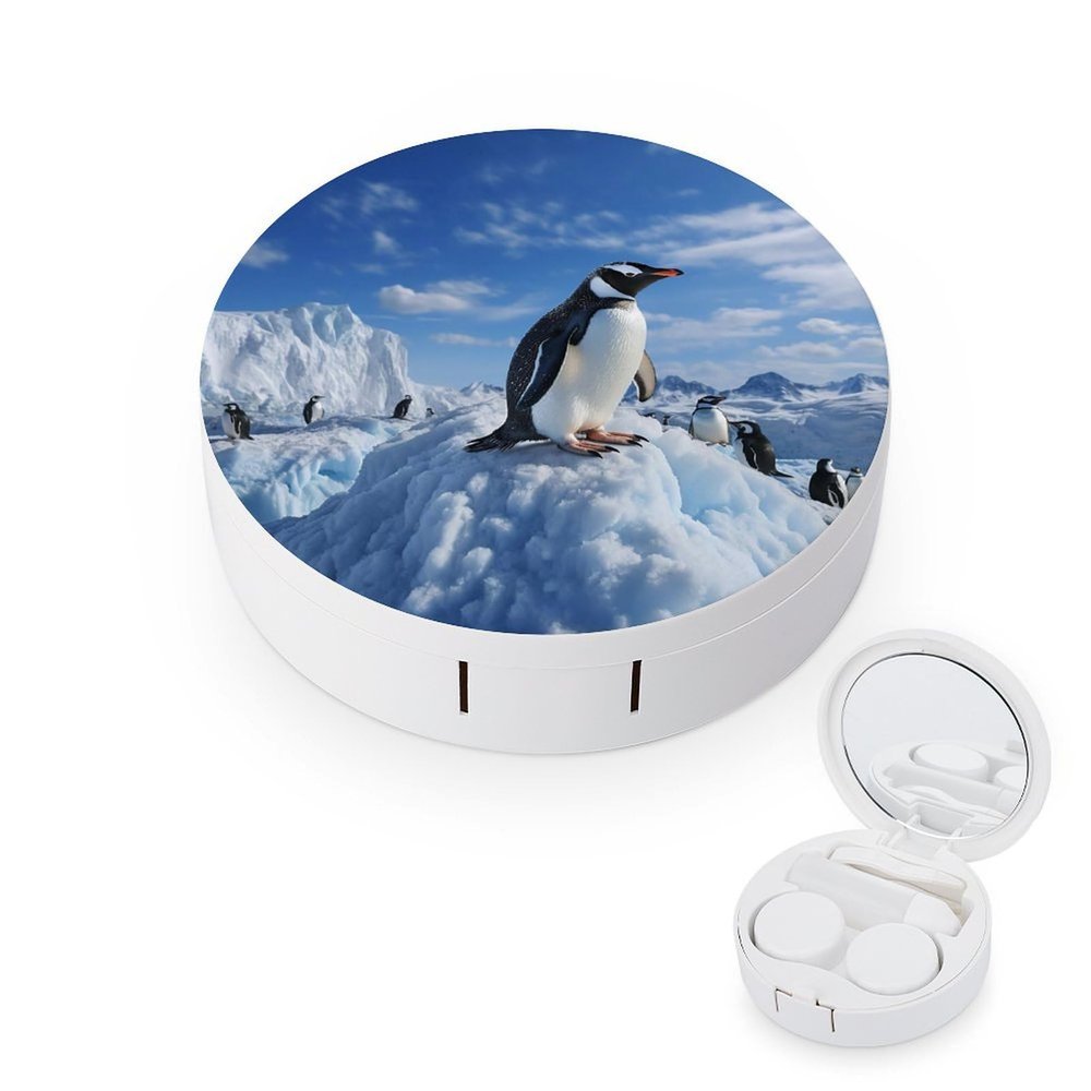 BWQJKUO Portable Round Snow Mountain Penguin Printed Contact Lens Case Is Stylish And Compact, Easy to Carry And Protects Lenses.