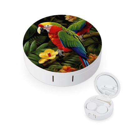 BWQJKUO Portable Round Tropical Parrot Printed Contact Lens Case Is Stylish And Compact, Easy to Carry And Protects Lenses.