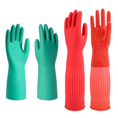 North Tower Heavy - Duty Nitrile Dishwashing Gloves - Reusable Waterproof Cleaning Gloves for Kitchen, Elbow Length Rubber Gloves for Dishwashing(2pair Red+Green(Small)