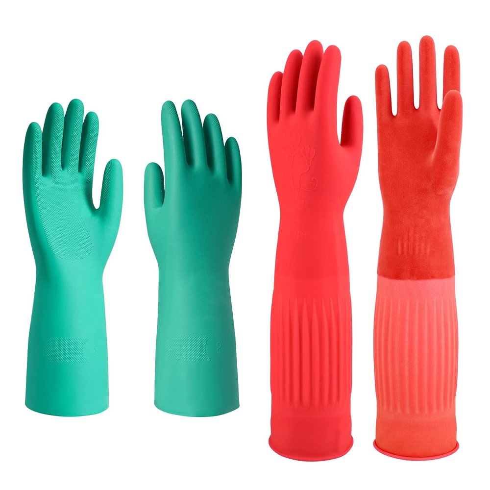 North Tower Heavy - Duty Nitrile Dishwashing Gloves - Reusable Waterproof Cleaning Gloves for Kitchen, Elbow Length Rubber Gloves for Dishwashing(2pair Red+Green(Small)