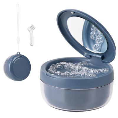 Denture Case, 2-in-1 Retainer Cleaner Case with Mirror & Strainer, Portable Aligner Bath Soaking Cup for Travel, Cute Orthodontic Storage Box for Mouth Guard, Night Guard & False Teeth, Blue