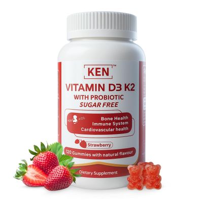 KEN Vitamin D3 K2 with Probiotic for Kids, Sugar-Free Gummies for Calcium Absorption, Bone Support, 5 Billion CFU Probiotics for Gut Balance and Immune Function, Non-GMO 120 Strawberry Flavor Gummies