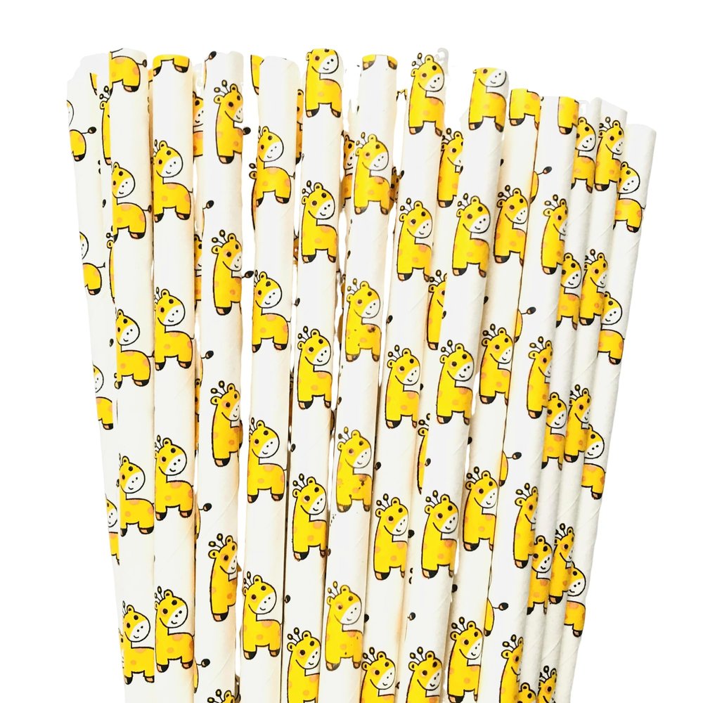 100 pcs Cartoon Giraffe Paper Straws, Cute Fun Yellow Fawn Deer Animal Decorative Disposable Drinking Straws, Children Kids 1st Birthday Baby Shower Party Craft Juice Cake Pop Sticks (Cartoon Giraffe)