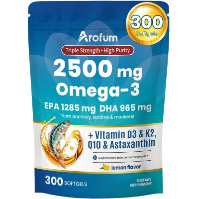 Arofum Omega 3 Fish Oil with Vitamin D3 K2 300 Lemon Flavored Burpless Softgels | Fish Oil Omega 3 Supplements Support Heart, Brain, Eyes & Immune Health | Gluten-Free, Non-GMO