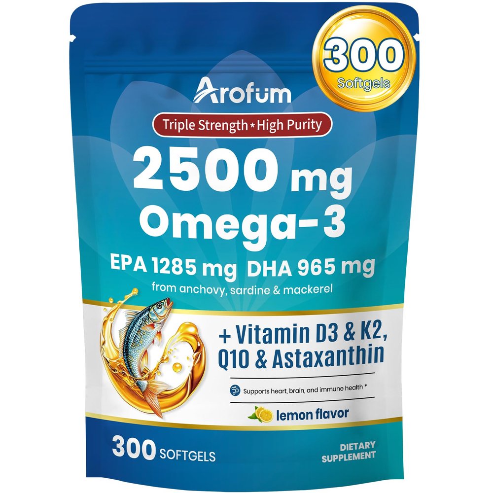 Arofum Omega 3 Fish Oil with Vitamin D3 K2 300 Lemon Flavored Burpless Softgels | Fish Oil Omega 3 Supplements Support Heart, Brain, Eyes & Immune Health | Gluten-Free, Non-GMO