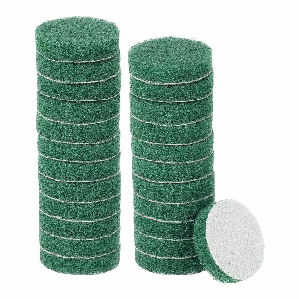 HARFINGTON 24pcs Scrubber Scouring Pads 180 Grits 2 Inch Drill Power Brush Hoop and Loop Surface Conditioning Disc Drill Scuffing Disc Scrub Pads for Home Kitchen Cleaning, Green