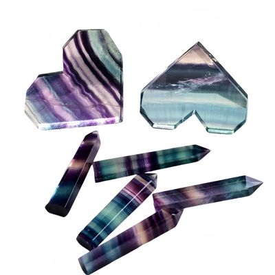 1+1Pcs Colorful Fluorite Crystal Home Decor Set: Heart - Shaped Carving (0.55-0.66lb) + Tower Obelisk (4.7-5.1in), Healing Stones for Interior Accents & Energy Enhancement