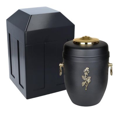 Funeral set - Vault and black metal urn for ashes Outdoor urn protection Cremation capsule Cemetery casket for ashes (Rose/Vault)