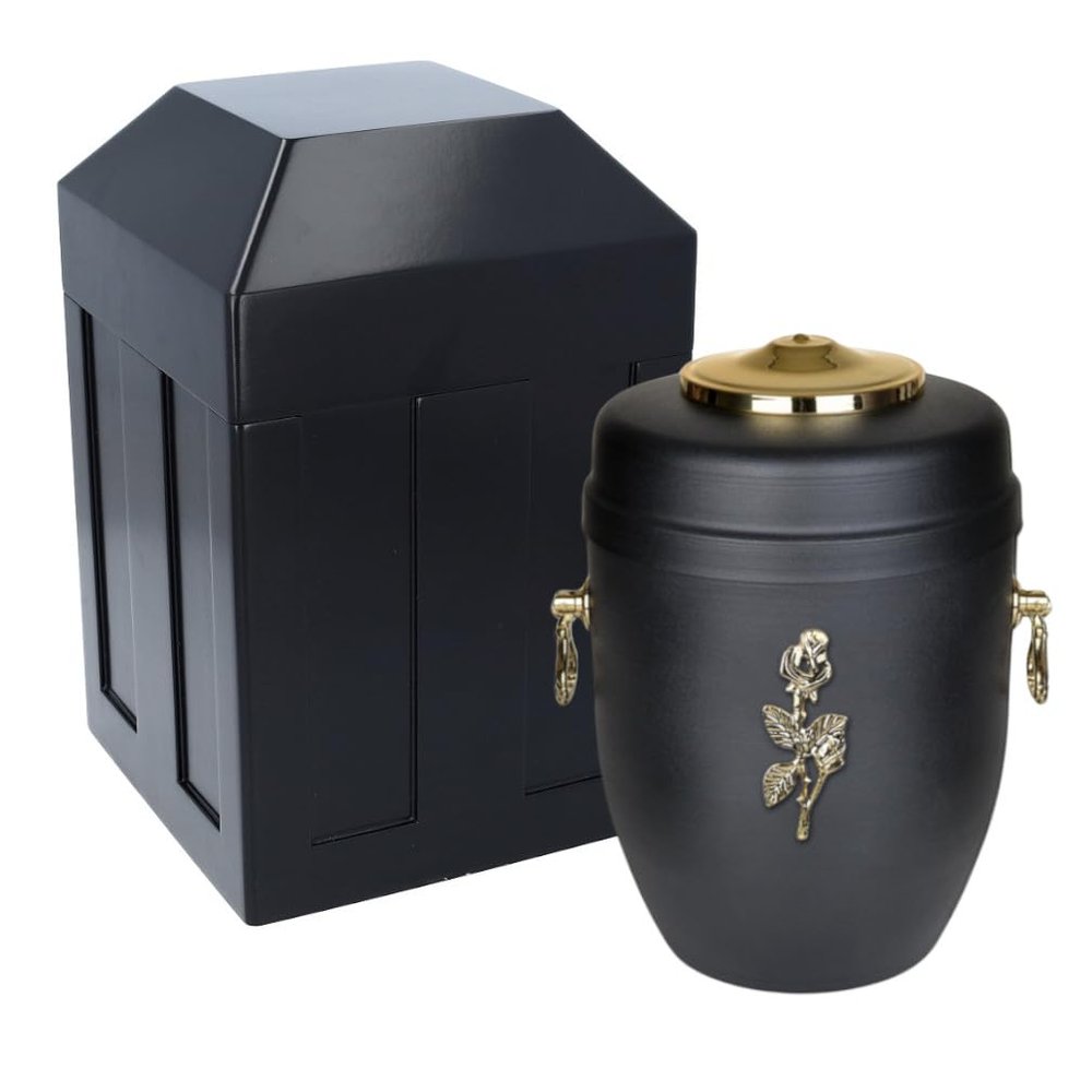Funeral set - Vault and black metal urn for ashes Outdoor urn protection Cremation capsule Cemetery casket for ashes (Rose/Vault)