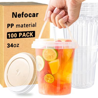 100 Pack 34oz Disposable Coffee Cups with Lids, Plastic Cups with Lids and Straws,Sturdy & Food Safe To Go Cups for Cold & Hot Drinks,Smoothies,Fruit Drinks Cups for Summer Beverages,Bar & Beach Party