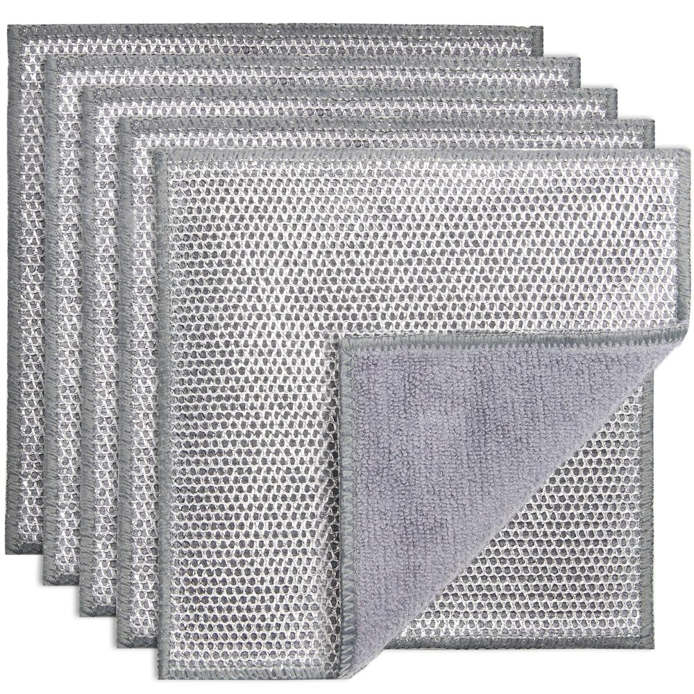 PIPUHA 5 Pack Wire Dish Cloths, Reusable Dual Sided Scrubber Cloths, Non-Scratch Stainless Steel Scrubber & Microfiber, Heavy Duty Cleaning Cloths for Dishes, Cookware, Pans, Stovetop