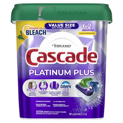 Cascade Platinum Plus Dishwasher Pods, Dish Detergent Soap, Clean Lemon Scent, 62 Count