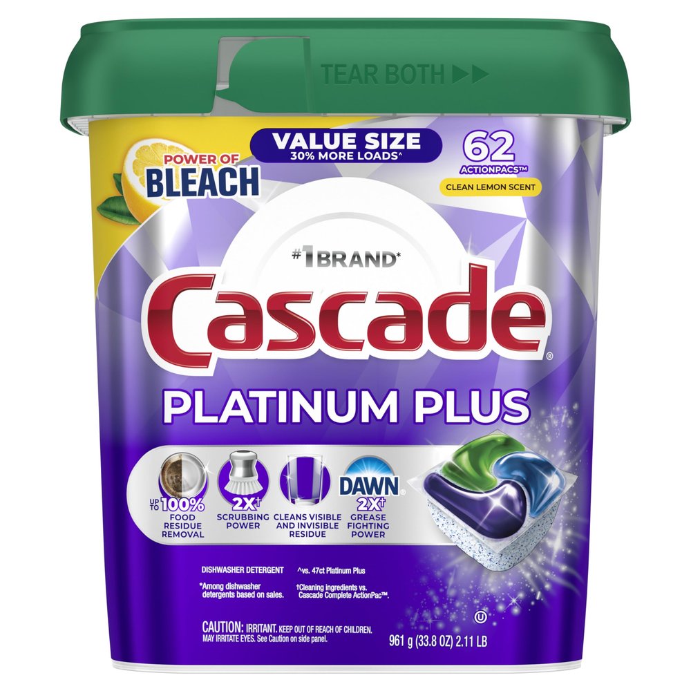 Cascade Platinum Plus Dishwasher Pods, Dish Detergent Soap, Clean Lemon Scent, 62 Count