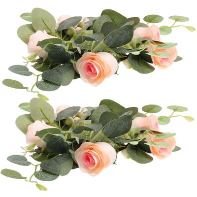 STOBAZA 2pcs Artificial Flower Candle Rings Wreaths Red Roses Decorative Candle Garland for Dinner Parties and Events