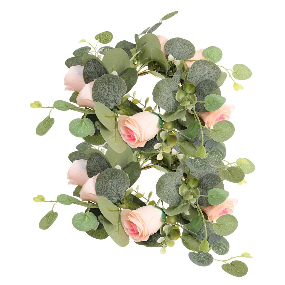 Happyyami 2pcs Artificial Floral Candle Ring Garland Red Roses Spring Decor for Table Parties Faux Flower Arrangement for Home and Holiday Decorations
