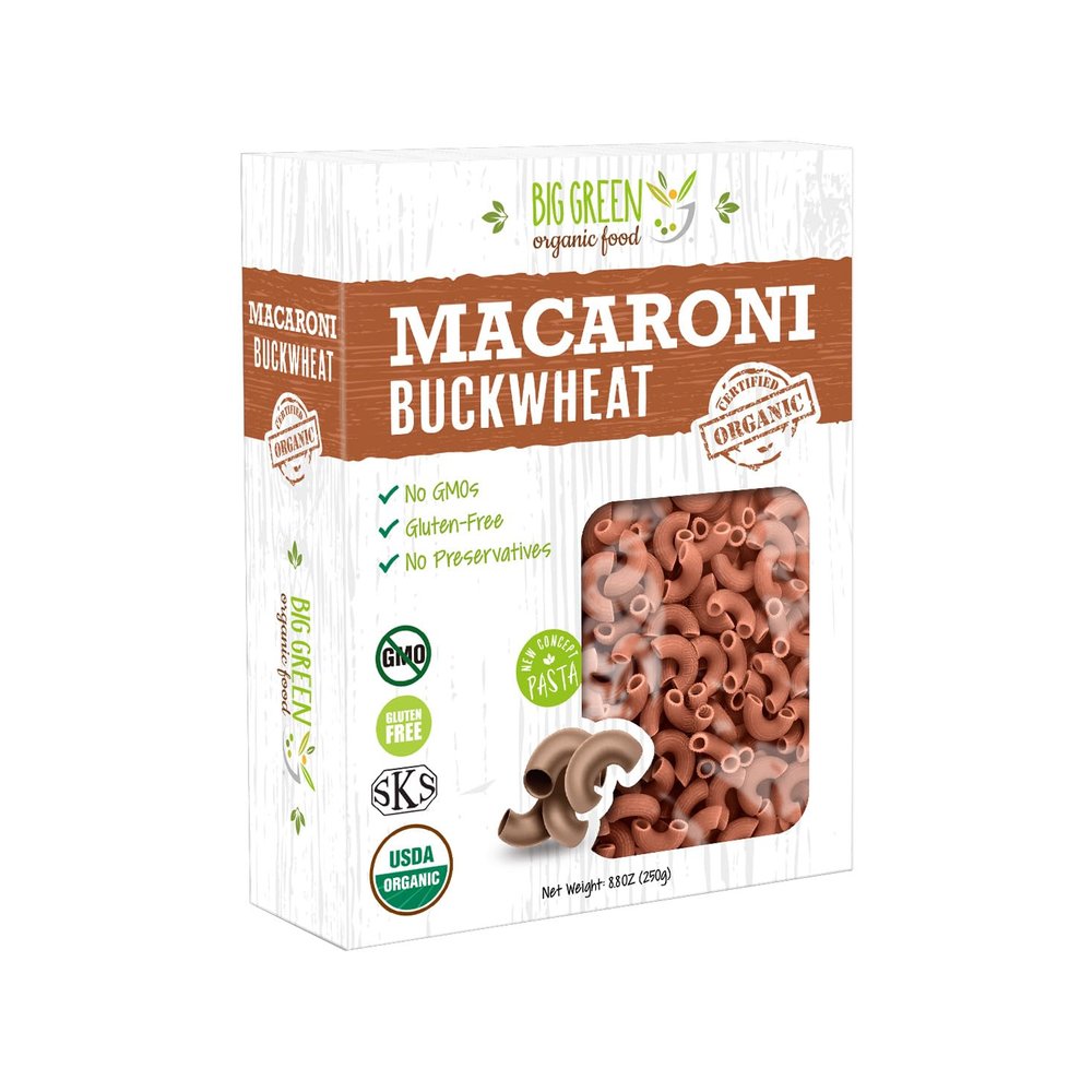 Big Green Organic Food- Organic Buckwheat Macaroni, Gluten-Free, Single Ingredient, 100% Buckwheat, Non-GMO, Vegan, Wheat and Rice Alternative, 8.8oz (12 Boxes)