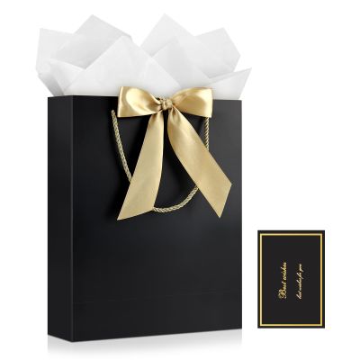 JMANNI Gift Bag, 1PCS Gift Bags with Ribbon and 1 Greeting Cards 2 Tissue Paper, Portable Paper Gift Bag with Handles, Birthday Gift Bags,Present Bags for Wedding Party Mothers Day(PureBlack)