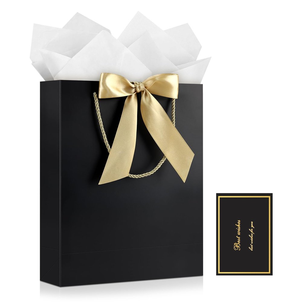 JMANNI Gift Bag, 1PCS Gift Bags with Ribbon and 1 Greeting Cards 2 Tissue Paper, Portable Paper Gift Bag with Handles, Birthday Gift Bags,Present Bags for Wedding Party Mothers Day(PureBlack)