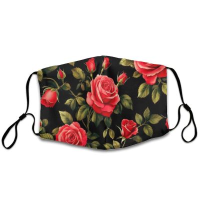 Meaudiwes Washable Cloth Face Scarf, Reusable Balaclava Facial Cover With Elastic Ear Loop Floral Flowers Black Red Roses