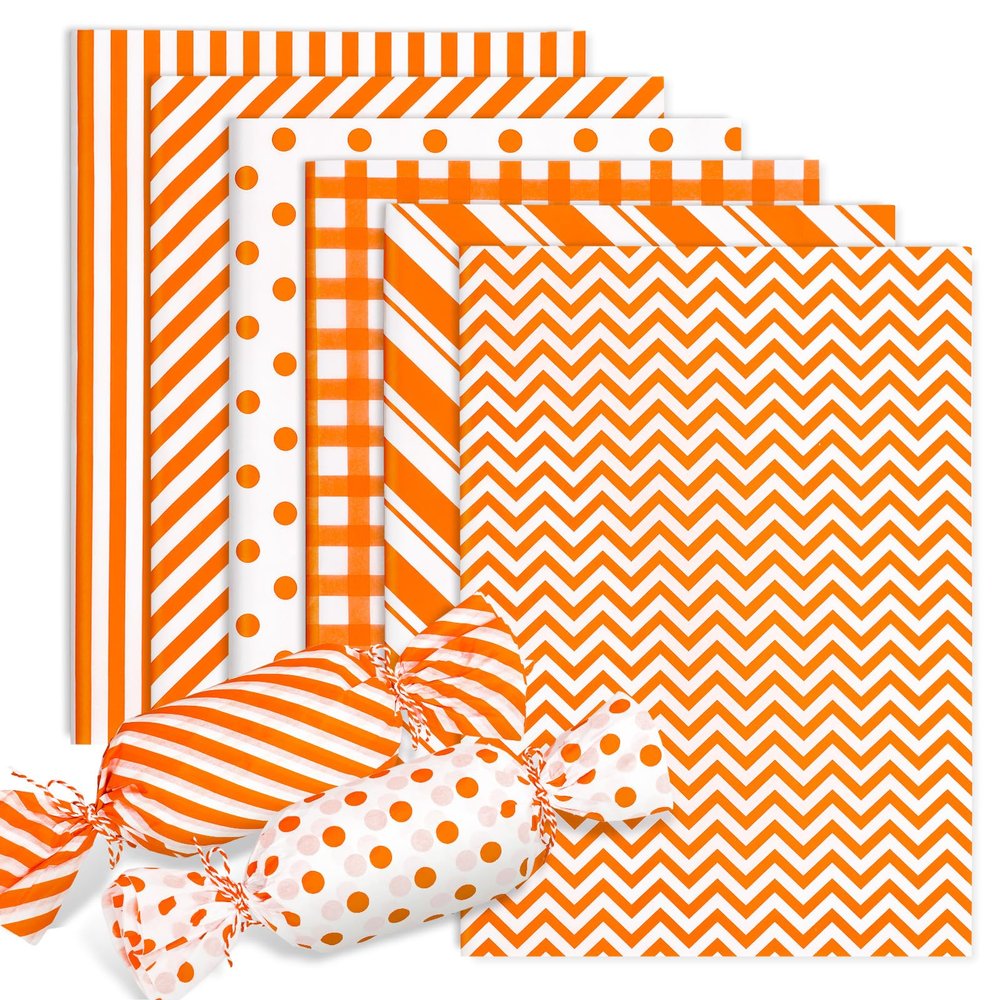 Whaline 120 Sheets Fall Tissue Papers Minimalist Plaids Dots Stripes Gift Wrapping Paper Orange White Decorative Art Paper for Autumn Thanksgiving Baby Shower Birthday Party DIY Crafts, 14 x 20 Inch