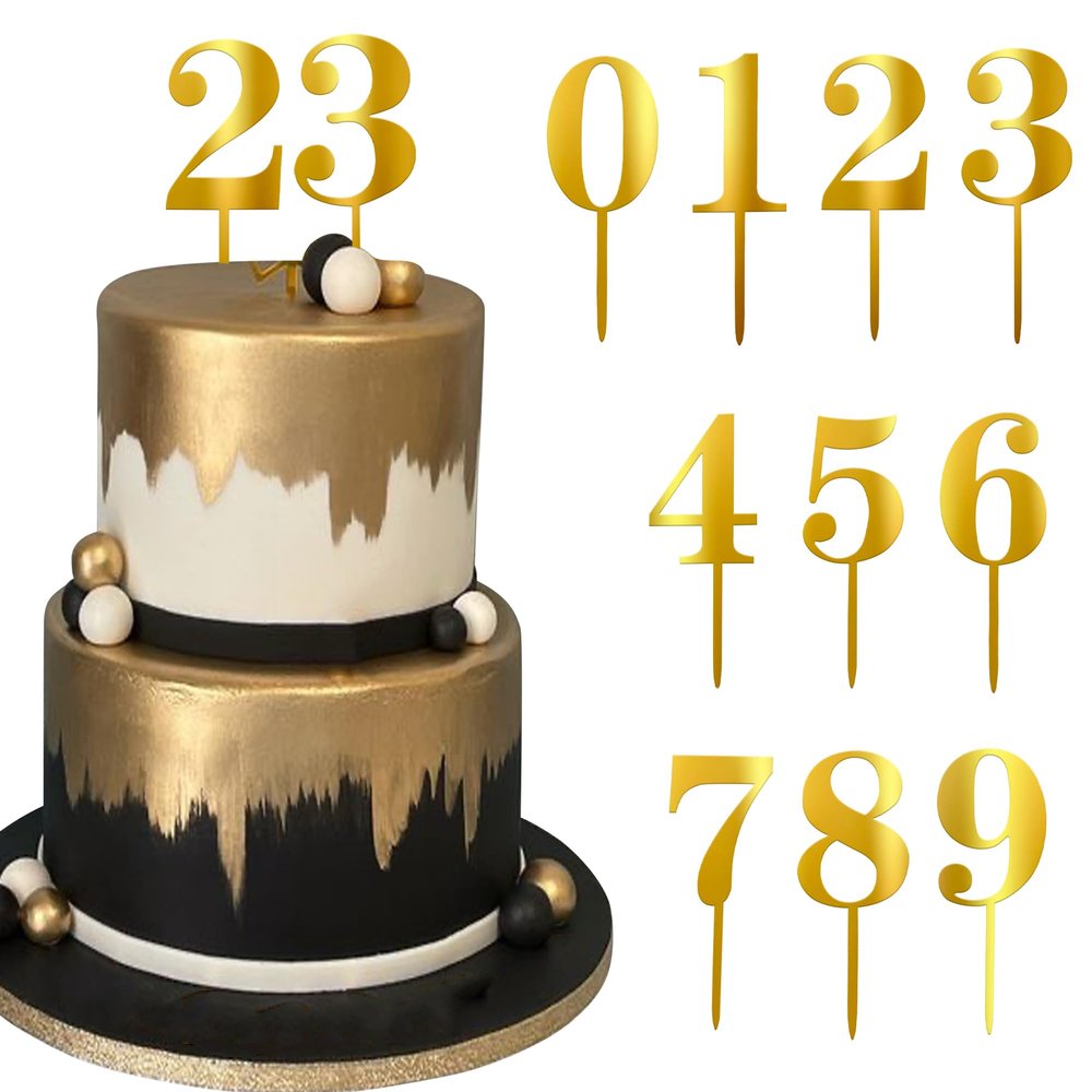 10 Pack Acrylic Number 0-9 Cake Toppers Mirrored Numbers Cake Picks Happy Birthday Party for Baby Shower Wedding Birthday Anniversary Party Cupcake Decorations Supplies Gold