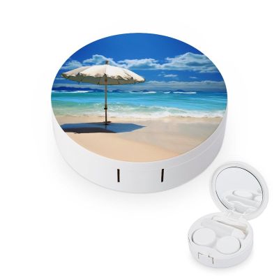 Contact Lens Case, Portable Contact Lens Case, Tweezers with Mirror, Liquid Bottle Umbrella on Beach Printed Small Storage Set, Suitable for Daily Makeup, Office Travel, Outdoor Business Trip
