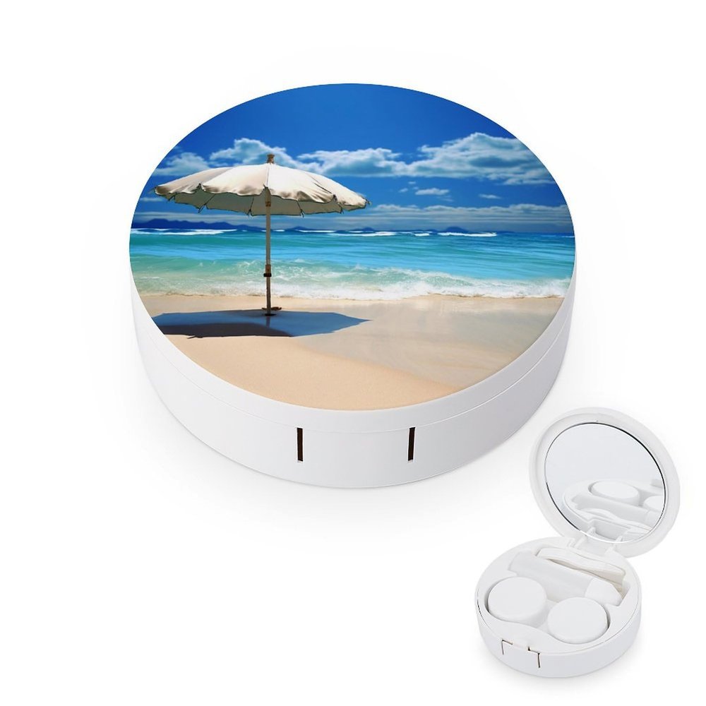 Contact Lens Case, Portable Contact Lens Case, Tweezers with Mirror, Liquid Bottle Umbrella on Beach Printed Small Storage Set, Suitable for Daily Makeup, Office Travel, Outdoor Business Trip