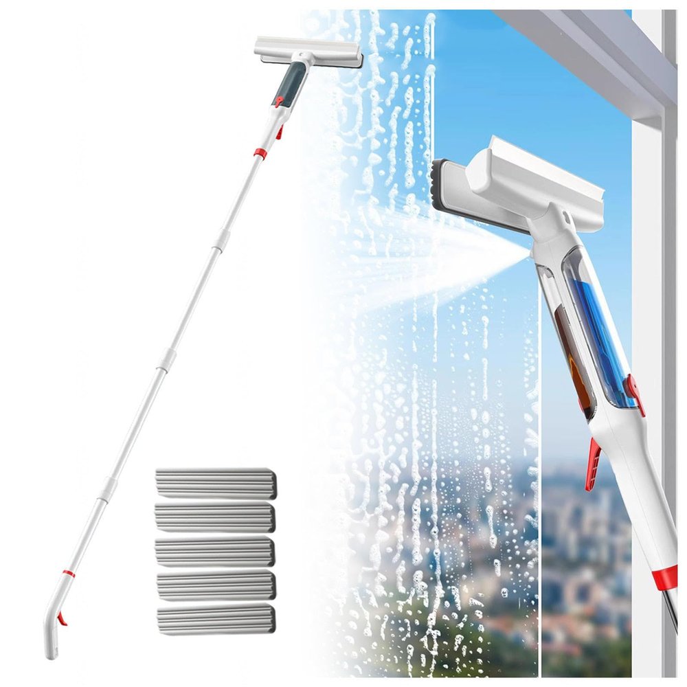 RRRYYYZZ 75'' Spray Window Cleaning Squeegee Kit with 4-Section Extension Pole, 4 in 1 Window Squeegee Window Squeegee with Sewage Collector and 5 Pads