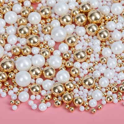 Edible Pearl Sprinkles,130g,White Gold Candy Mixing Size,Baking Pearls Sprinkle Edible Cake Decorations Cupcake Toppers,Cookie Decorating Celebrations Wedding Mother's Day Birthday Party Supplies