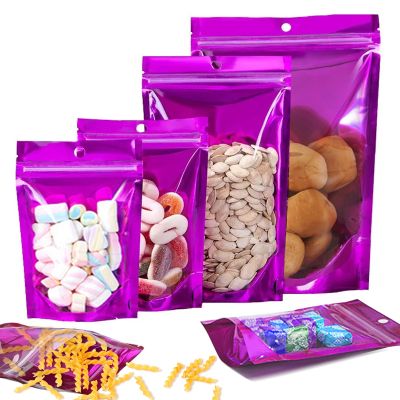 100 Pack Purple Resealable Mylar Bags 7.1x10.2 Inch - Smell Proof Stand Up Zipper Bags with Window for Food Storage, Small Business Packaging & Party Favors