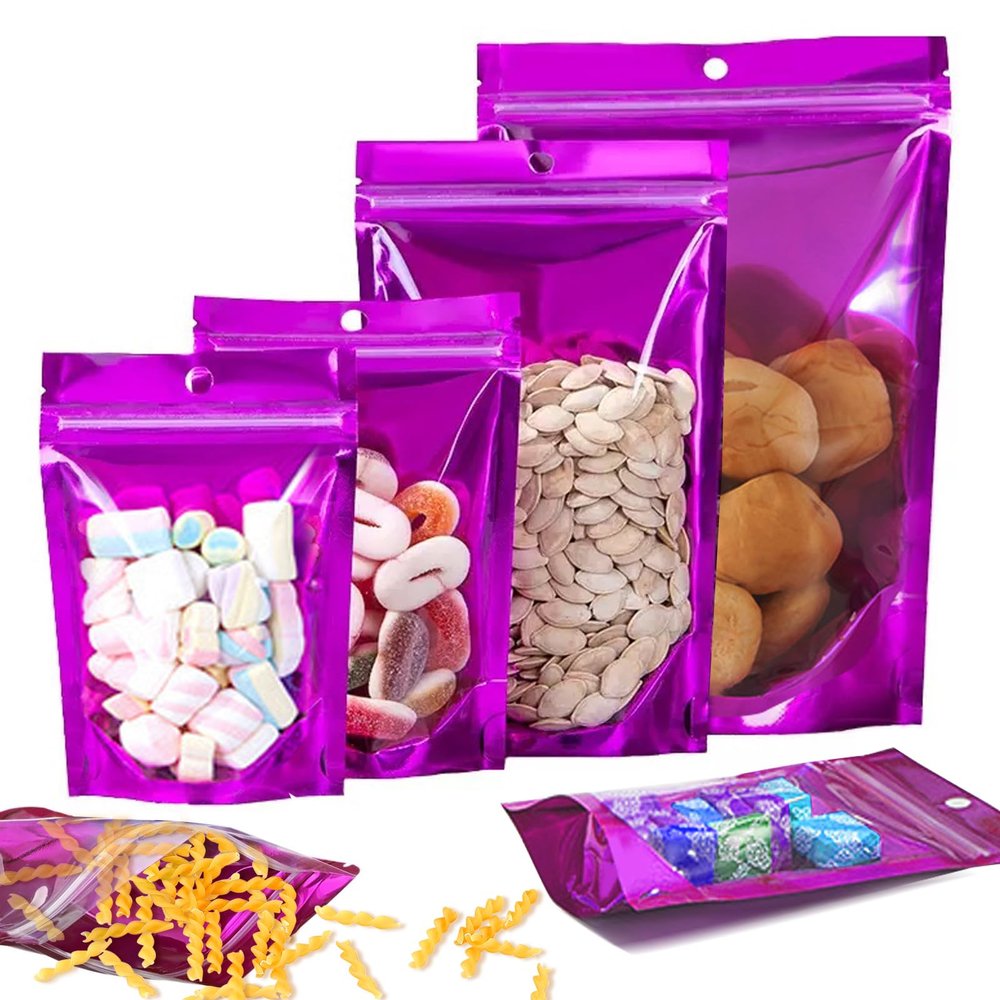 100 Pack Purple Resealable Mylar Bags 7.1x10.2 Inch - Smell Proof Stand Up Zipper Bags with Window for Food Storage, Small Business Packaging & Party Favors