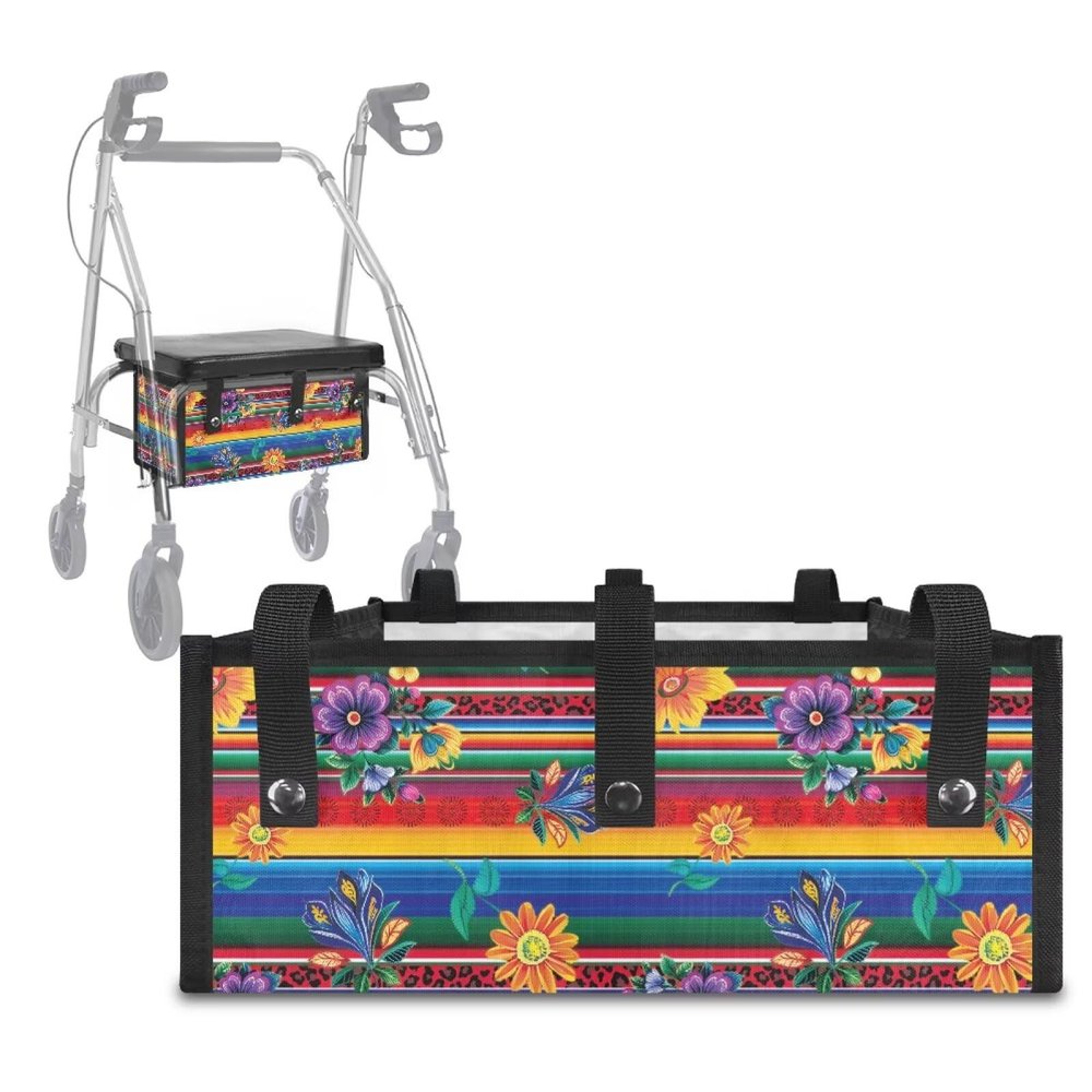 LVEWYB Colorful Boho Flowers Striped Walker Bag Foldable Walkers Storage Bags Under Seat with Small Internal Pockets Large Capacity Organizer Walker Attachment