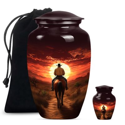 Cowboy Urn for Adult Female Ashes, Large Urns for Human Ashes Adult Man, Small Cremation Urn, Small Urns for Human Ashes Keepsake (Size - 10inch 1Pcs, 3inch 1Pcs)