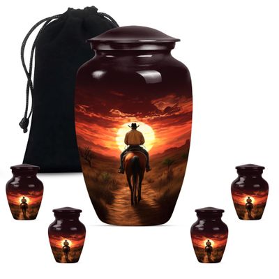 Cowboy Small Urns for Women Human Ashes, Urn for Ashes Adult Female, Decorative Urn, Cremation Urns for Ashes for Men(Size - 10inch 1Pcs, 3inch 4Pcs)