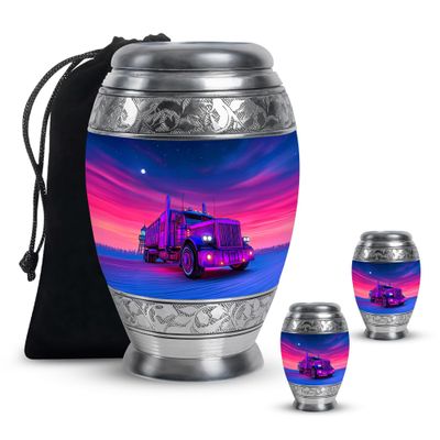 MUKTIVE Truck Cremation Large Urns for Human Ashes Adult - Memorial Urns for Human Ashes - Combo of 3-10 Inches, Extra Large Trucker Urn | 2 Pcs of 3 Inch, Purple Mini Urn
