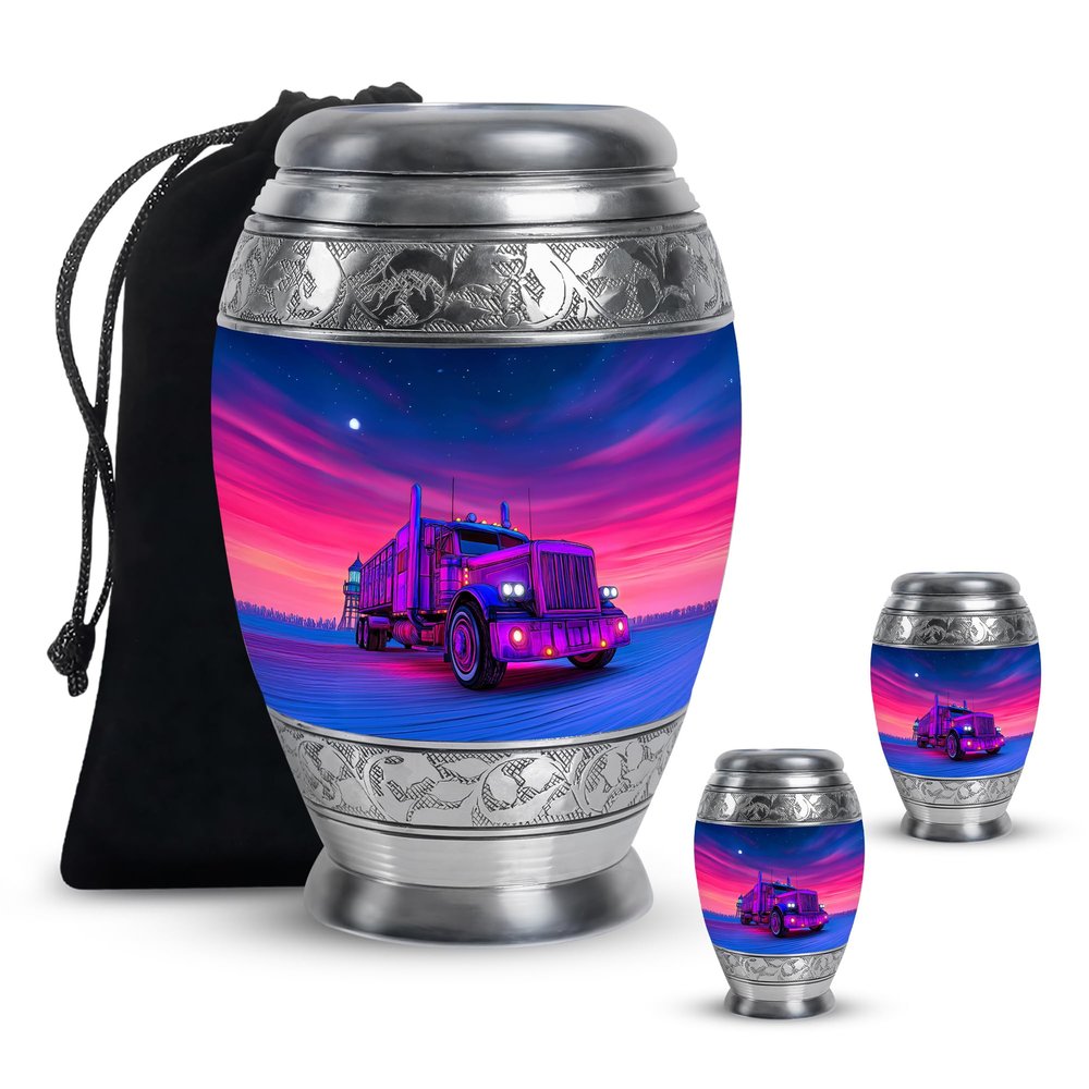 MUKTIVE Truck Cremation Large Urns for Human Ashes Adult - Memorial Urns for Human Ashes - Combo of 3-10 Inches, Extra Large Trucker Urn | 2 Pcs of 3 Inch, Purple Mini Urn