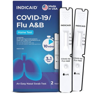 INDICAID COVID and Flu A/B 3-in-1 Antigen Test, FDA 510(k) Cleared At Home Covid Flu Test Combo Kit, Fast Results in 10 Minutes, Made in USA, 2 Tests with Soft Nasal Swab, - Easy to Use & Non-Discomfort - FSA/HSA Eligible