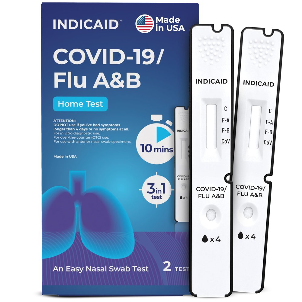INDICAID COVID and Flu A/B 3-in-1 Antigen Test, FDA 510(k) Cleared At Home Covid Flu Test Combo Kit, Fast Results in 10 Minutes, Made in USA, 2 Tests with Soft Nasal Swab, - Easy to Use & Non-Discomfort - FSA/HSA Eligible