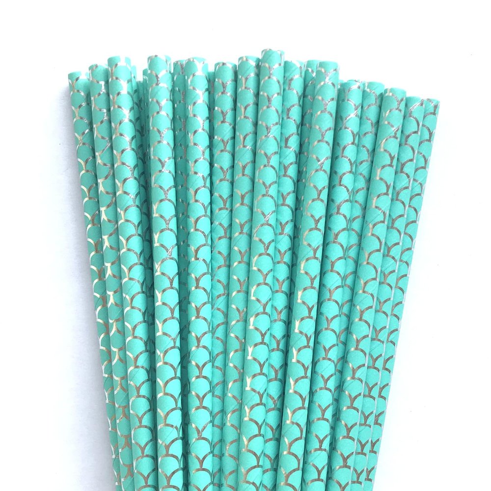 100 pcs Under The Sea Party Paper Straws, Aqua Mermaid Fish Silver Foil Scale Drinking Straws, Kids Birthday Baby Shower Ocean Beach Pool Tropical Summer Hawaiian Cake Pop Sticks (Aqua With Scale)