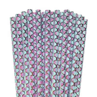100 pcs Under The Sea Party Paper Straws, Mermaid Puple Aqua Silver Foil Scale Drinking Straws, Pool Picnic Dinner Bridal Shower Bachelorette Ocean Beach Island Cake Pop Sticks (Purple With Scale)