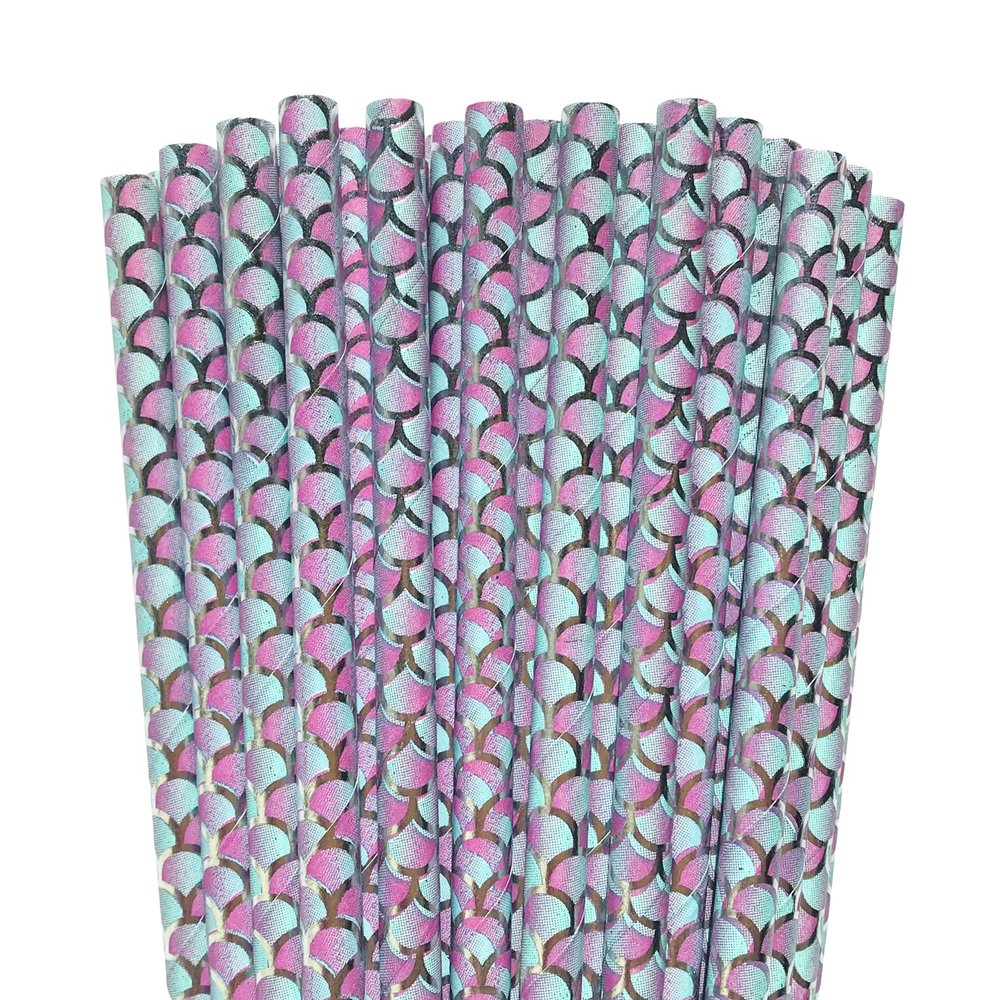 100 pcs Under The Sea Party Paper Straws, Mermaid Puple Aqua Silver Foil Scale Drinking Straws, Pool Picnic Dinner Bridal Shower Bachelorette Ocean Beach Island Cake Pop Sticks (Purple With Scale)
