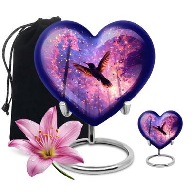 Humming Bird Small Funeral Urn for Male and Female - 1 Keepsake Purple Cremation Urn for Human Ashes Adult Woman - 1 Large Blue Cremation Urns Human Adult Mom and Dad 3 Inch Keepsake & 8 Inch Set