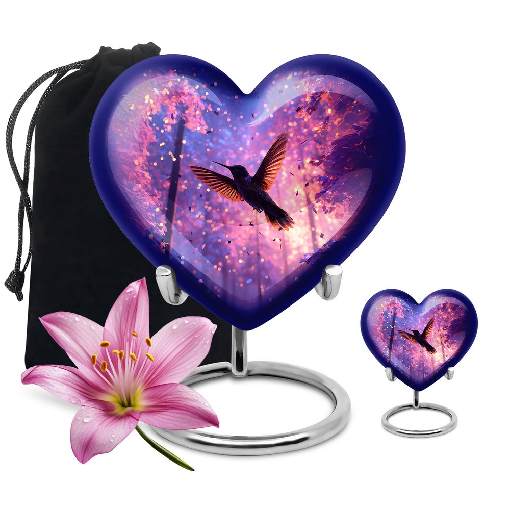 Humming Bird Small Funeral Urn for Male and Female - 1 Keepsake Purple Cremation Urn for Human Ashes Adult Woman - 1 Large Blue Cremation Urns Human Adult Mom and Dad 3 Inch Keepsake & 8 Inch Set