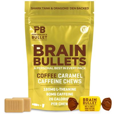 160mg L-Theanine + 80mg Caffeine Chews Coffee Caramel Flavour, Increases Productivity, Mental Clarity, Alertness | 1 Bag - 40 Servings | Brain Bullet | Energy Gum & Focus Gummy Upgrade