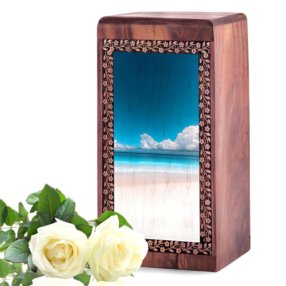 Beach Decorative Urns for Ashes Adult Female Husband and Wife - Ocean Burial Urns for Human Ashes for Men and Women - Large Adult Urn - Wooden Funeral Urn 10 Inch