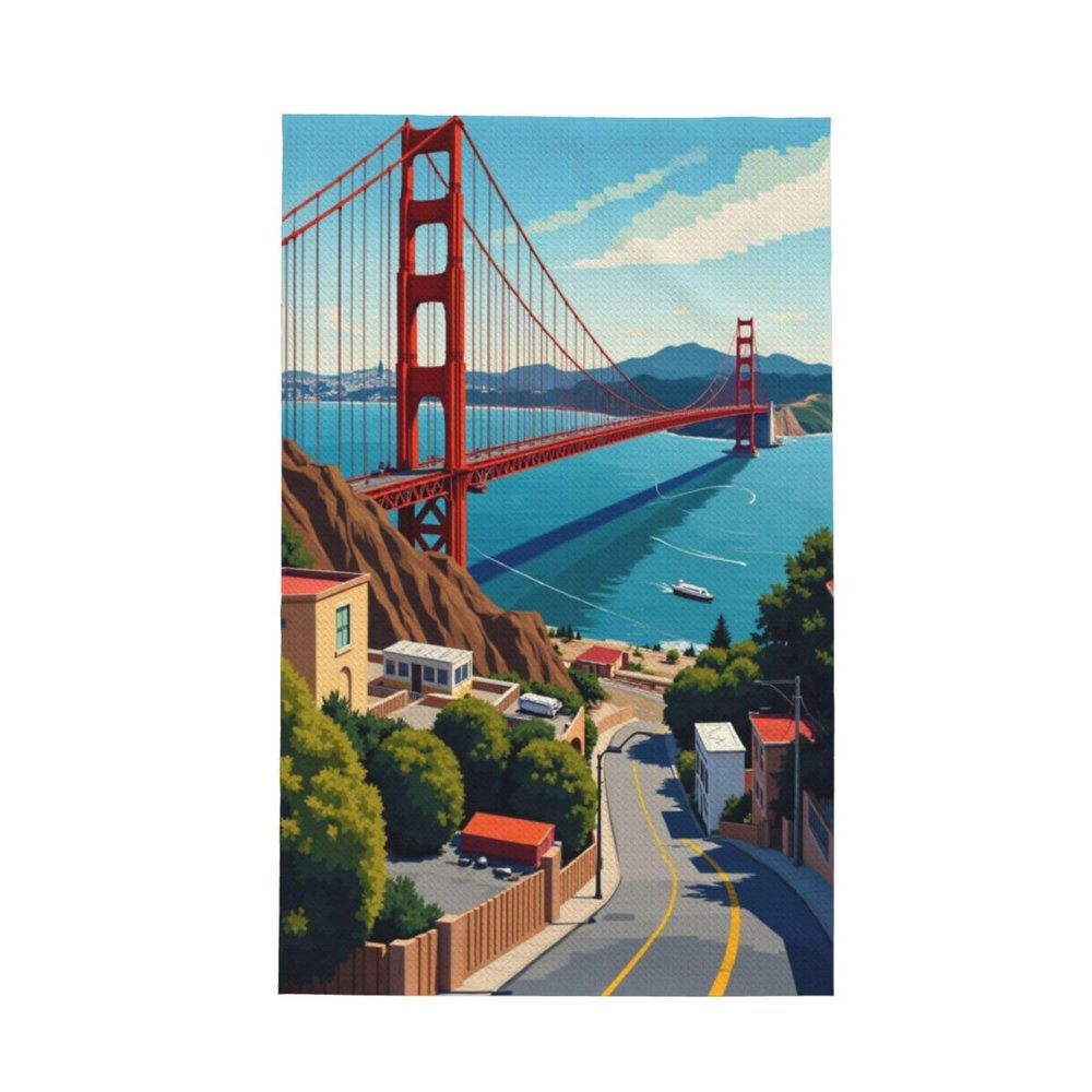 GVYGVY Kitchen Towels - Soft Modern Bridge Red Print No.76 Quick Drying Dish Towels for Kitchen Drying, Absorbent Hand Towel for Kitchen Decor with Lanyard